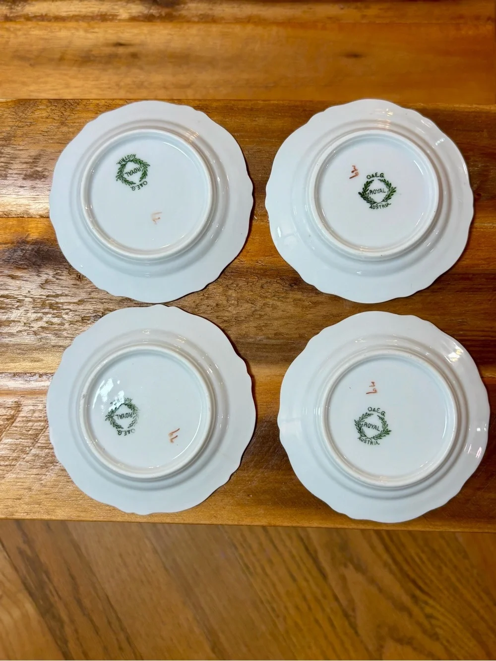 4 Antique O&E.G. Royal Austria porcelain butter pats gold details green mark VTG